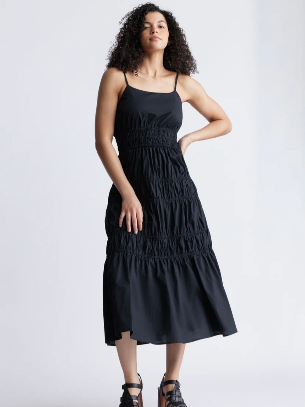 NWT Size Small Buffalo David Bitton Black Smocked Ruching Midi Dress Cotton
